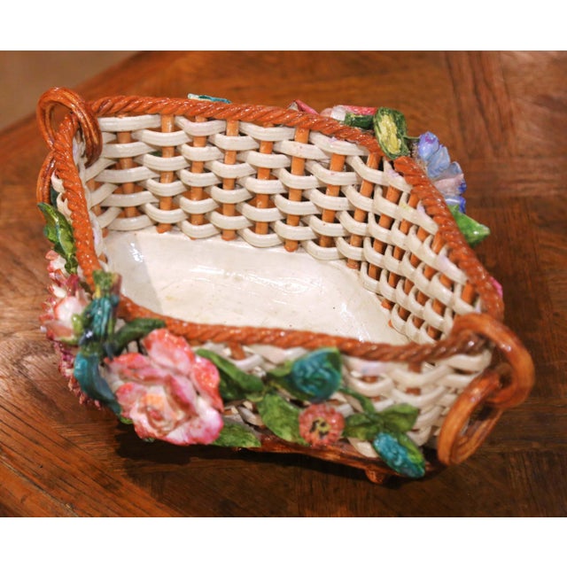 French 19th Century French Barbotine Porcelain Basket Jardinière With Flowers For Sale - Image 3 of 9