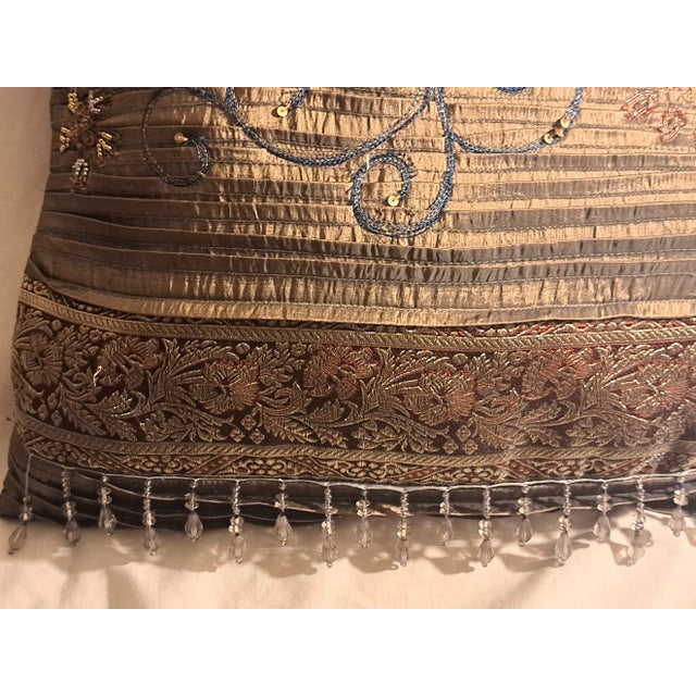 1980s Persian Style Hand Embroidered Beaded Cushion Pillow For Sale - Image 4 of 11