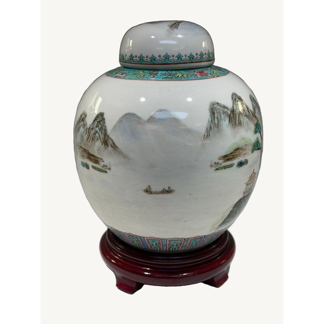 Late 20th Century Vintage Chinese Porcelain Ginger Jar Hand Painted Landscape Calligraphy W/Stand For Sale - Image 5 of 10