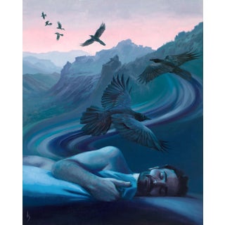 Unbroken Silence by Kirsten Savage | Oil on panel of a man sleeping with birds flying around him For Sale