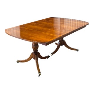 Vintage Stanley Furniture American Craftsman Cherry Banded Double Pedestal Regency Dining Table For Sale