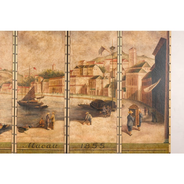 Vintage Four-Panel Painted Screen Depicting Macau Harbor, 1855 For Sale - Image 4 of 17