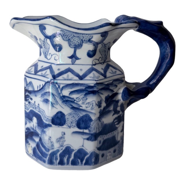 Vintage Style Chinoiserie Blue & White Octagonal Pitcher Vase - Figural Serpent Dragon Handle.. For Sale