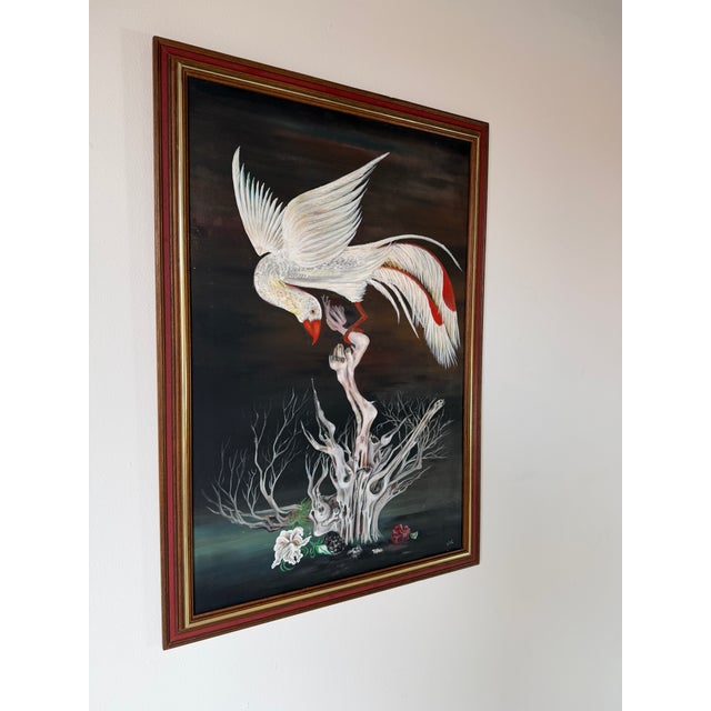 Mid-Century Modern 1970s Vintage Surrealist Bird & Tree Oil on Canvas Painting, Framed, Signed b.d.c. For Sale - Image 3 of 12