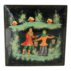 Vintage Russian Hand-Painted Papier-Mâché Lacquer Trinket Box