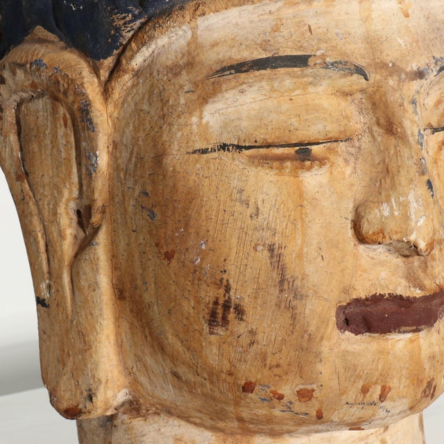 Printmaking Materials Early 20th century Large Scale Carved Polychrome Burmese Buddha Head Bust For Sale - Image 7 of 10