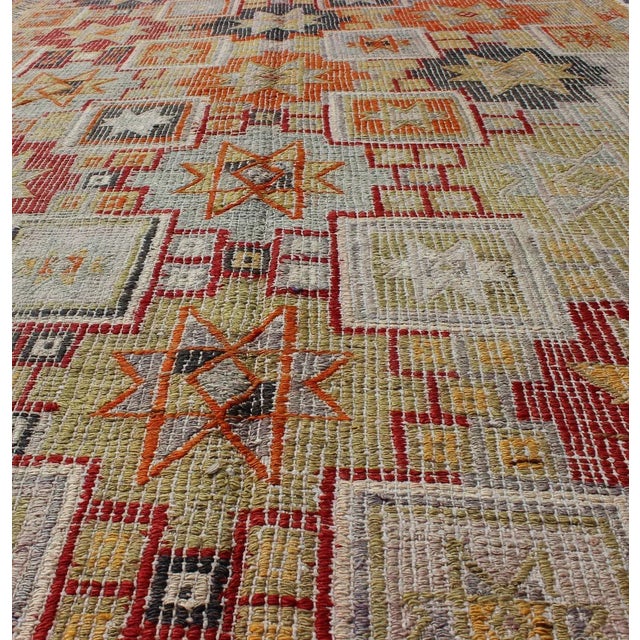 Colorful Vintage Turkish Flat-Weave Tribal Modern Kilim With Embroideries For Sale In Atlanta - Image 6 of 8