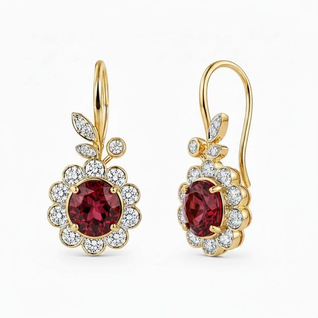 Nature-Inspired Garnet Floral Cluster Earrings. Romantic Garnet Blossom and Leaf Dangle Earrings. Botanical Garnet Flower...