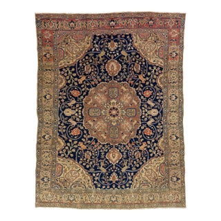 Medallion Antique Wool Rug Persian Tabriz in Navy Blue For Sale