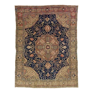 Medallion Antique Wool Rug Persian Tabriz in Navy Blue