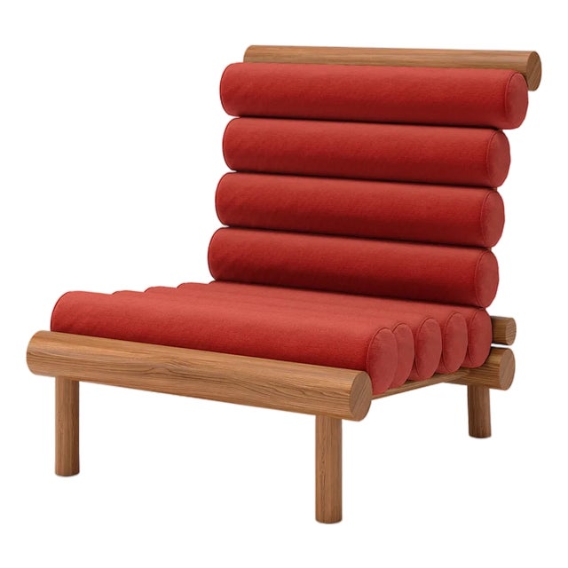 Rishon Dark Teak Outdoor Lounge Chair – Alpine Modern Design in Sunbrella Jockey Red For Sale