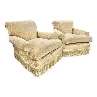 Pair of Custom Champagne Chenille Lounge Chairs With Bullion Fringe For Sale