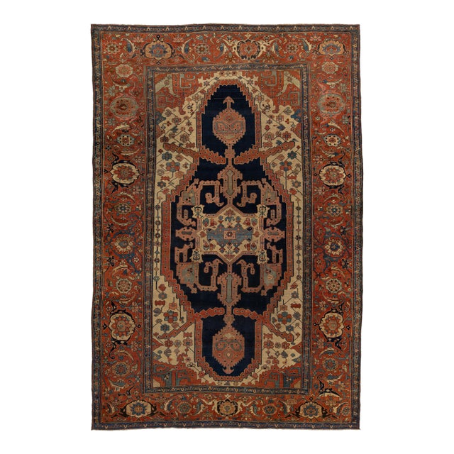 1880s Antique Persian Serapi Blue Wool Rug Featuring a Medallion Design For Sale