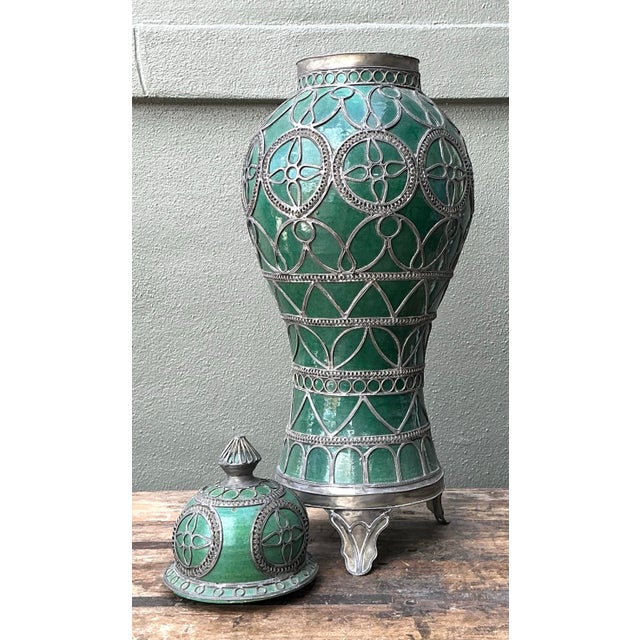 Metal Vintage Moroccan Glazed Ceramic Lidded Urn For Sale - Image 7 of 12