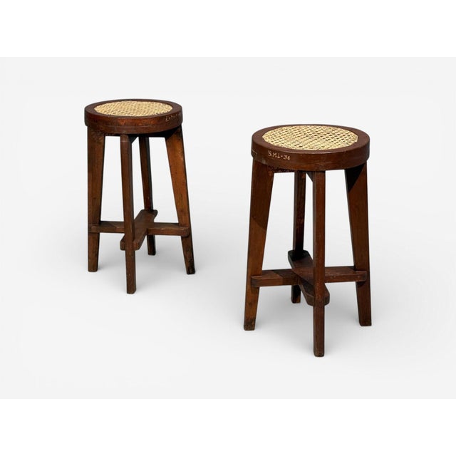 Mid-Century Modern Pierre Jeanneret, High Stools, Cane, Teak, Chandigarh, India C. 1960s For Sale - Image 3 of 12