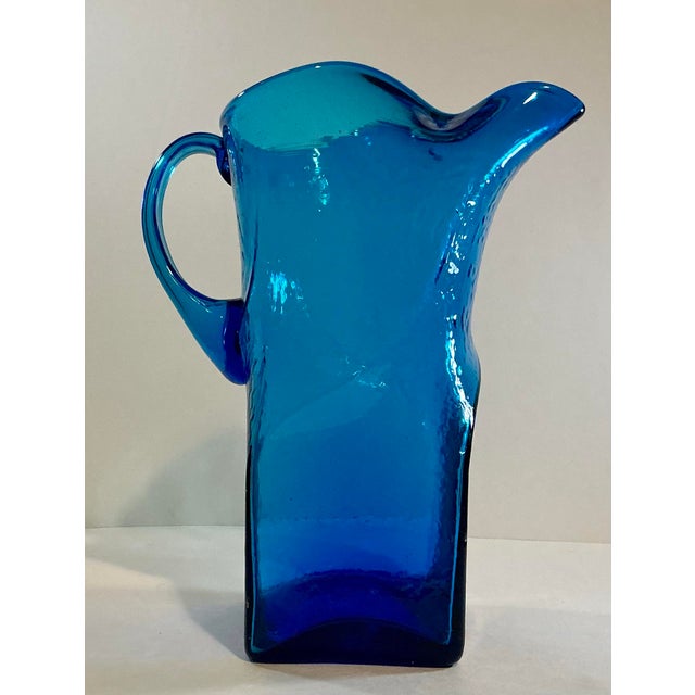 Vintage Morgantown Glass #9844 Swirl Blue Brutalist Art Glass Pitcher - 11” For Sale - Image 9 of 12