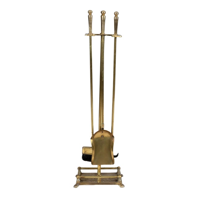 Vintage Brass Fireplace Tool Set and Stand For Sale