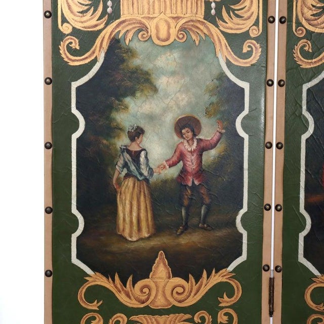 Animal Skin Antique Hand Painted Leather on Board Four Panel Dressing Screen 20thC For Sale - Image 7 of 9