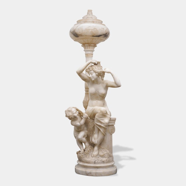 Pair of Monumental Antique Italian Carved Alabaster Venus & Cupid Figural Torchiere Lamps on Black Marble Pedestals For Sale - Image 12 of 12