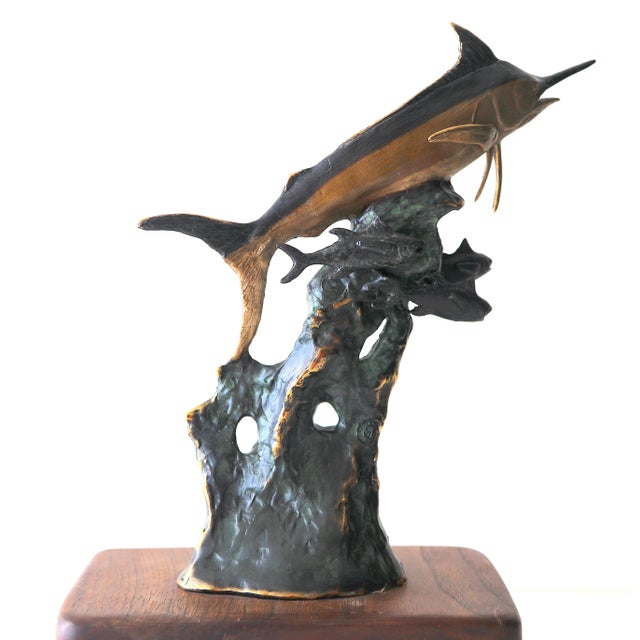 Solid Bronze Lyford Cay Club Tournament Marlin Fishing Trophy by Bodo Muche Studio With Inset Opal Gem For Sale - Image 13 of 16