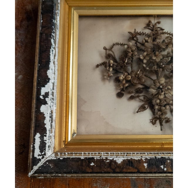 Wood 19th Century American Victorian Folk Art Mourning Hair Embroidery Floral Bouquet For Sale - Image 7 of 12