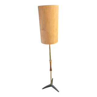 1950s Vintage Wood & Brass Standing Floor Lamp For Sale