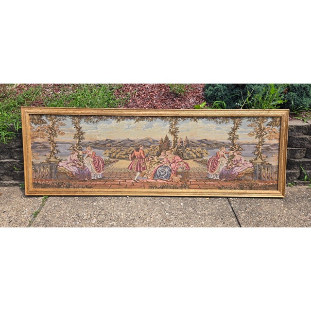 Large Vintage Framed European Hand Crafted Rococo-Style Needlepoint Tapestry Wall Hanging – Romantic Garden Scene For Sale - Image 10 of 18