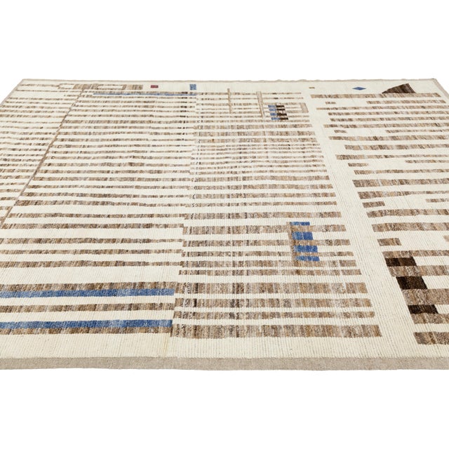 2020s Beige Modern Moroccan Style Handmade Wool Rug With Abstract Stripe Design For Sale - Image 5 of 12