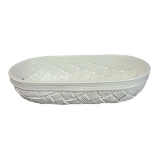 Vintage White Lattice Woven Ceramic Basket, Marked Italy For Sale
