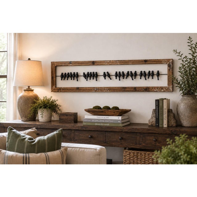 Metal Rustic Framed Metal Birds on Wire Wall Sculpture – Reclaimed Wood Farmhouse Wall Art, 38”w For Sale - Image 7 of 7
