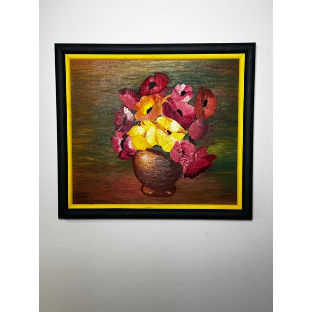 Vintage Mid Century Impressionist "Poppy" Floral Still Life Original Oil Framed Painting in Bottle Green, Dark Pink & Canary Yellow For Sale - Image 4 of 12