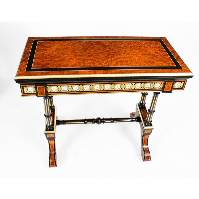 Antique 19th Century Amboyna Card Console Tables with Porcelain Plaques, Set of 2 For Sale - Image 11 of 18