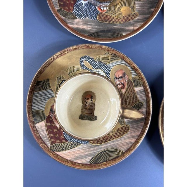 Japanese Meiji Hand-Painted Shimazu Satsuma Coffee Service with Moriage Kannon Immortals and Dragons, 19th Century, Set of 15 For Sale - Image 6 of 11