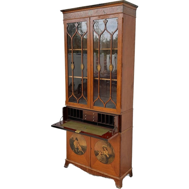 English Satinwood Painted Bureau Bookcase For Sale - Image 4 of 10