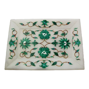 Pietra Dura White Mosaic Inlaid Marble Dish Handcrafted Agra India 1950