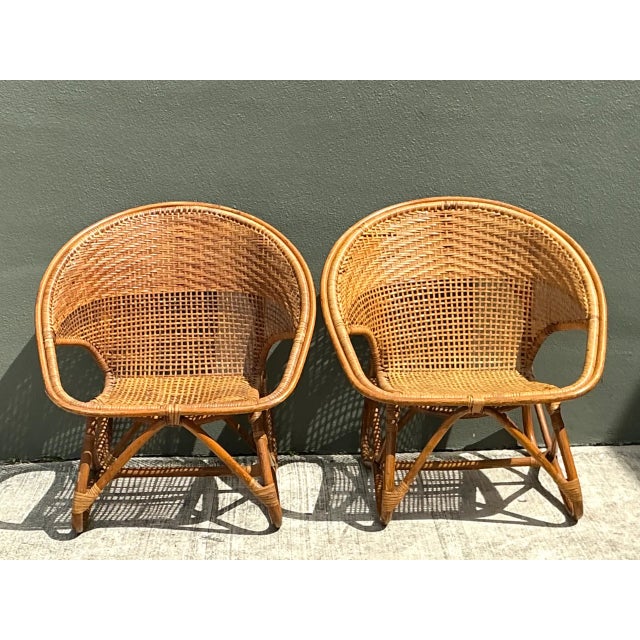 Brown Vintage Woven Rattan Lounge Chairs - Pair For Sale - Image 8 of 12