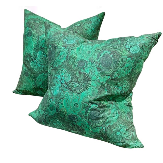 A striking pair of custom made vintage pillows in a bold malachite green pattern, dating to the 1980s. The fabric is rich...