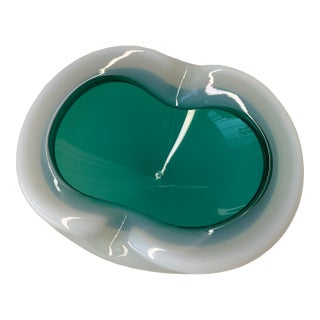 Vintage Murano Teal Cased in White Opaline Art Glass Bowl Attributed to Seguso For Sale