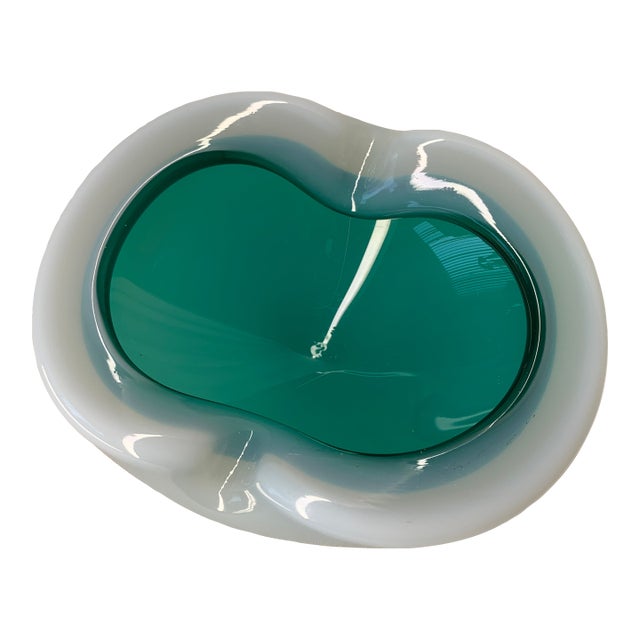 Vintage Murano Teal Cased in White Opaline Art Glass Bowl Attributed to Seguso For Sale