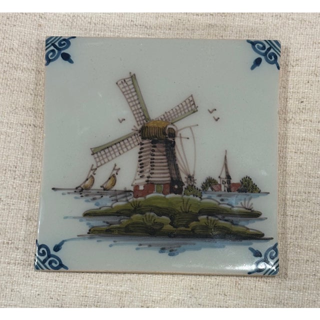 Blue Vintage Royal Tichelaar Makkum Hand Painted Dutch Windmill Tile For Sale - Image 8 of 8