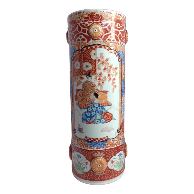 Late 19th/Early 20th Century Japanese Kutani Porcelain Cylindrical Umbrella Stand For Sale