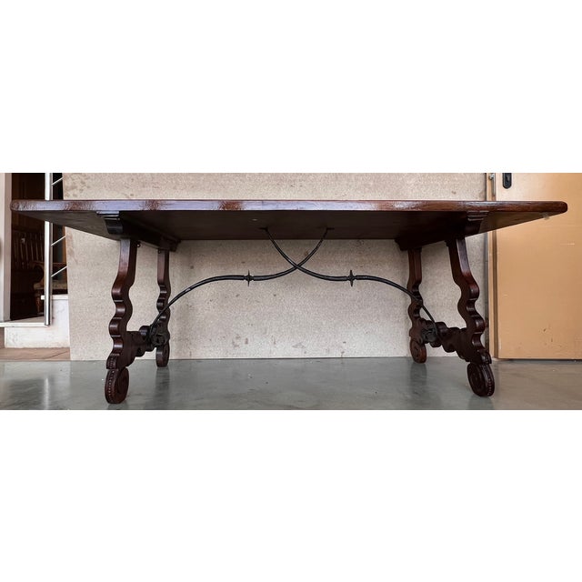Wood 20th Century Spanish Baroque Carved Walnut Lyre Legs Trestle Dining Farm Table For Sale - Image 7 of 12