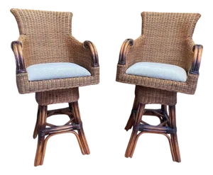 Set of Swivel Wicker and Rattan Bar Stools