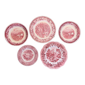 Vintage Red & White Decorative Plates- Set of 5