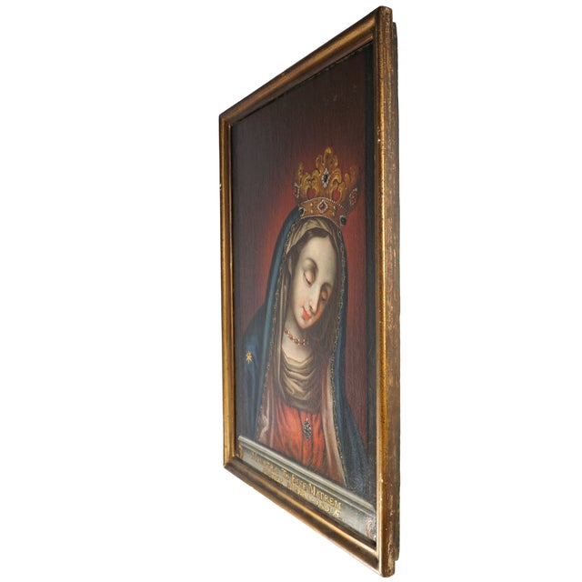 Blue Antique 19c Portrait of Virgin Mary, Crowned Mother of Mercy, Religious Oil Painting For Sale - Image 8 of 9