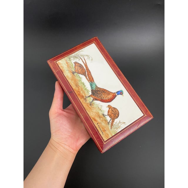 Antique Italian Leather Trinket Box With Handpainted Pheasants Tile Top For Sale - Image 10 of 13