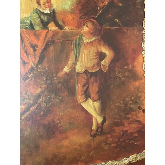 Antique 19th Century Original Boy Girl Landscape Oil Painting Wood Badge Panel For Sale - Image 9 of 14