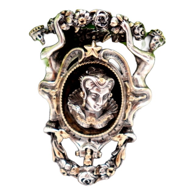 Gold and Silver Brooch with Reliefs and Applications For Sale
