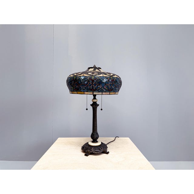 Black Large Tiffany Style Table Lamp in Stained Glass with Floral Shade For Sale - Image 8 of 13