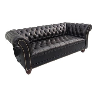 1970s Vintage Chesterfield Tufted Nailhead Sofa in Black For Sale